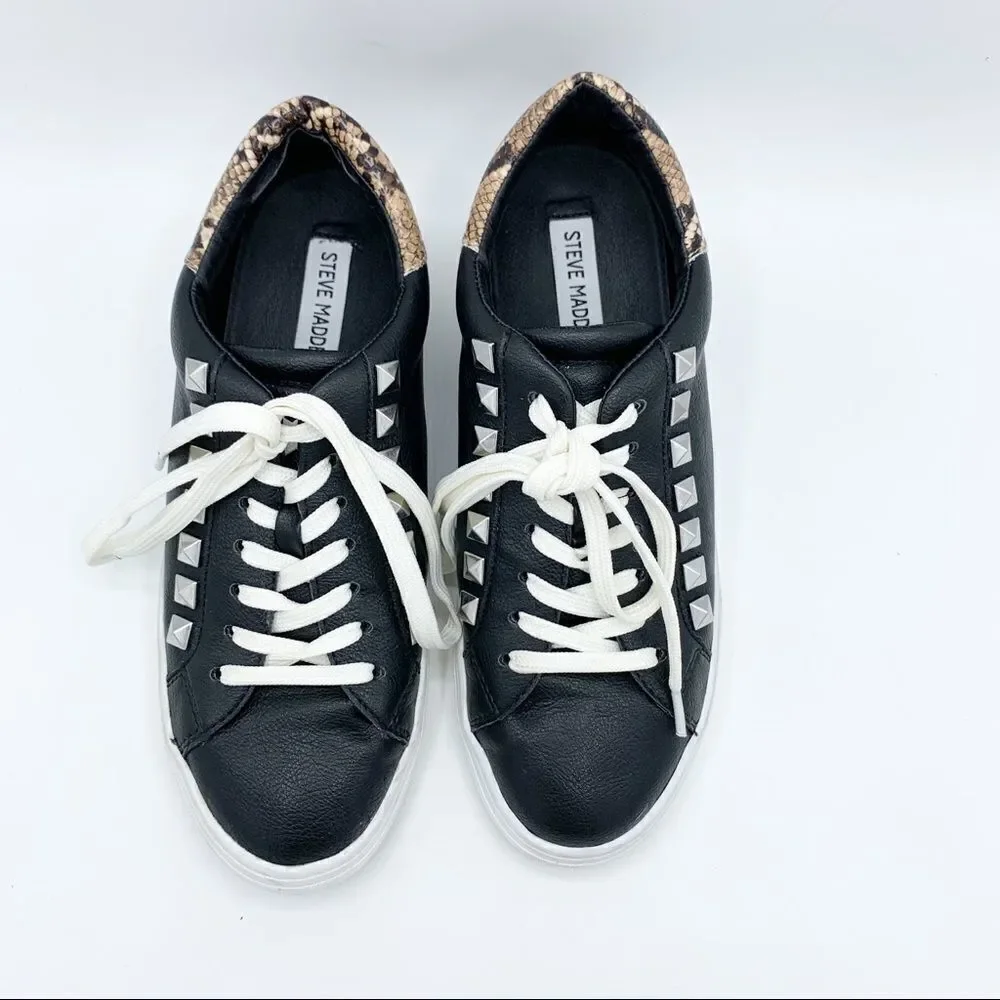 Steve Madden Sienna Black Lace‎ Up Sneakers with Snakeskin and Stud Detailing